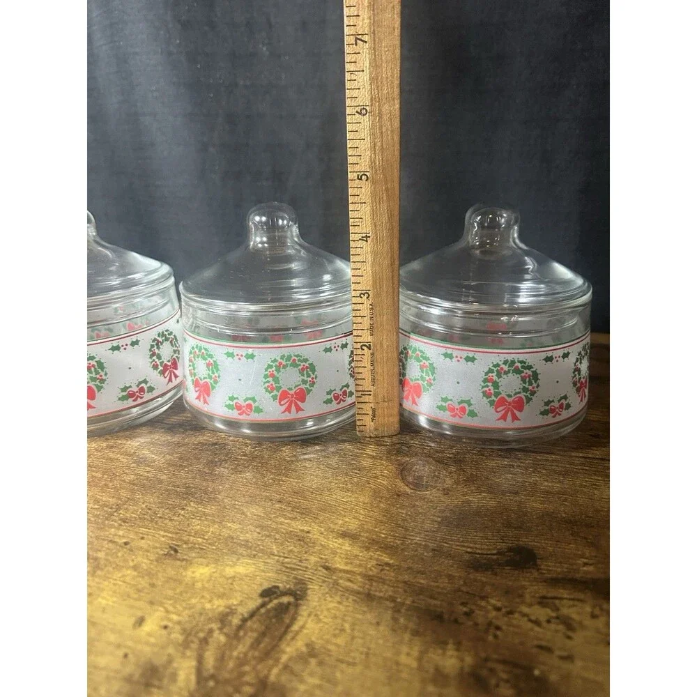 3 Indiana Glass Christmas Gift Jar Candy Nut Clear Glass Lid Wreath Holly Berry